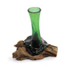 Recycled Green Beer Bottle Molten Glass Flower Vase on Wooden Base - In 2 Sizes