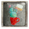 Metal Art Funky Cactus in a Teacup with Wooden Frame 48 x 48cm