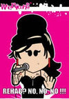 Cartoon character with a microphone on a pink background
