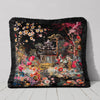 Neon Pagoda Chinoiserie Fringed Black Velvet Throw Cushion 18"