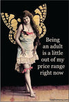 Vintage-style image of a woman with butterfly wings and text about being an adult.