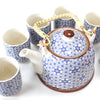 Blue & White Geometric Pattern Teapot with 6 Cups Set