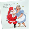 Illustration of Santa Claus and a woman in a checkered dress on a card with text.