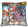 A decorative throw pillow featuring a vintage circus-themed art print with various colorful illustrations including animals, acrobats, and astronomical motifs.