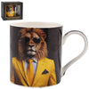 Mug with a design of a lion wearing sunglasses and a yellow suit,