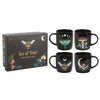 Set of four dark forest mugs with decorative designs next to their packaging box
