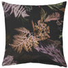 A square-shaped sofa cushion with a dark floral print, featuring a variety of pressed floral designs in rich colors on a dark background.