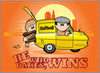 Cartoon illustration of a yellow van with characters on an orange background, featuring the text 'He Who Dares Wins'.