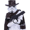Stormtrooper figure with a top hat and brown cape holding a rifle on a white background