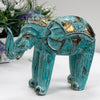 Large Tribal Wooden Elephant Statues - Gold & Turquoise/White