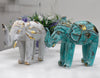Large Tribal Wooden Elephant Statues - Gold & Turquoise/White
