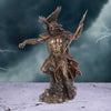 Bronze statue of a warrior with a lightning background
