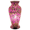 A purple mosaic glass vase lamp with gold accents, featuring a geometric pattern, supporting a small light bulb.
