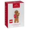Hallmark Keepsake Gingerbread Man LEGO minifigure Christmas tree ornament packaging.