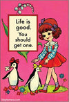 Vintage-style illustration with a girl, penguins, and a sign on a pink background