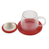 Clear glass mug with a red base and lid