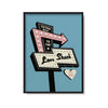 'Love Shack' Retro Motel Road Sign Poster A4 in Blue or Pink