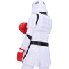 Person wearing a white costume with red boxing gloves on a white background
