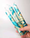 Gold & Turquoise Marble Swirl Handmade Taper Candle