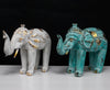 Large Tribal Wooden Elephant Statues - Gold & Turquoise/White