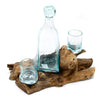 2x Hand-Crafted Molten Glass Whisky Decanter Set on Wooden Base