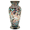A Mosaic Blue & Pink Tile Glass Vase Lamp with a decorative pattern, featuring a black base and a multicolored glass body, illuminated from within.