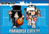 Cartoon characters with musical instruments on a blue background with 'Paradise City' text
