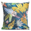 A square-shaped teal sofa cushion with a botanical design featuring various green and gold leaves and flowers.